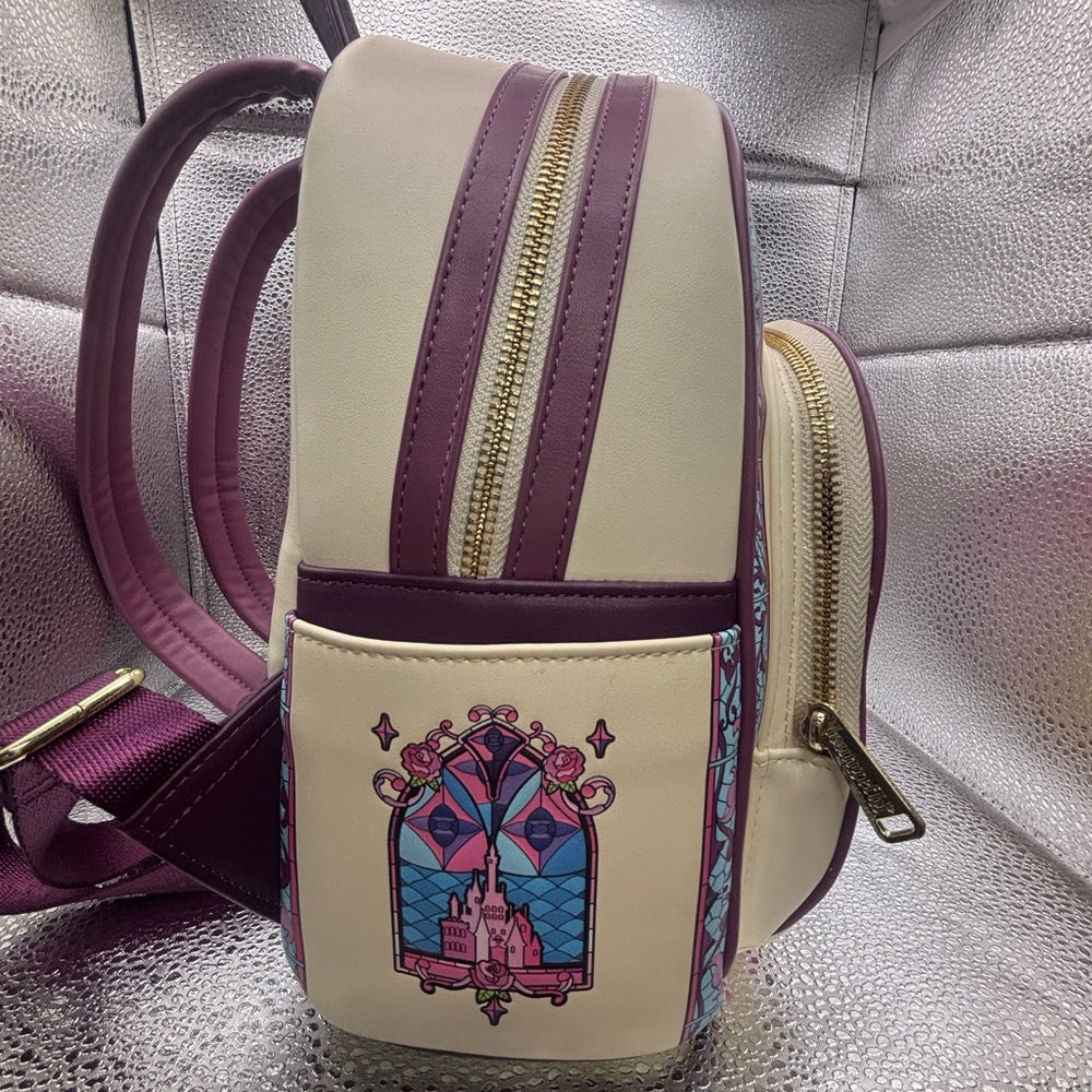 Loungefly Belle Stained Glass Mini Backpack - Pink, Cream & Yellow - Picture 2 of 7